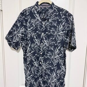 Ted Baker Navy and White Tropical Print Short Sleeve Button-Up Shirt